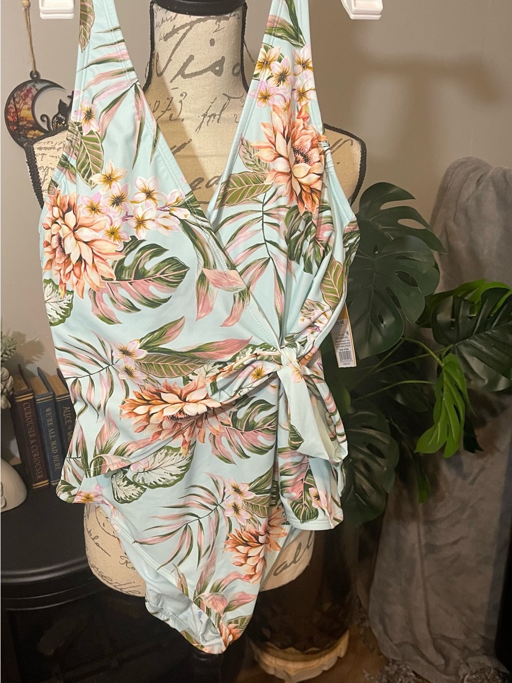 BNWT Kona Sol Tropical Floral Wrap One-Piece Swimsuit Mint & Peach W Size 12/14